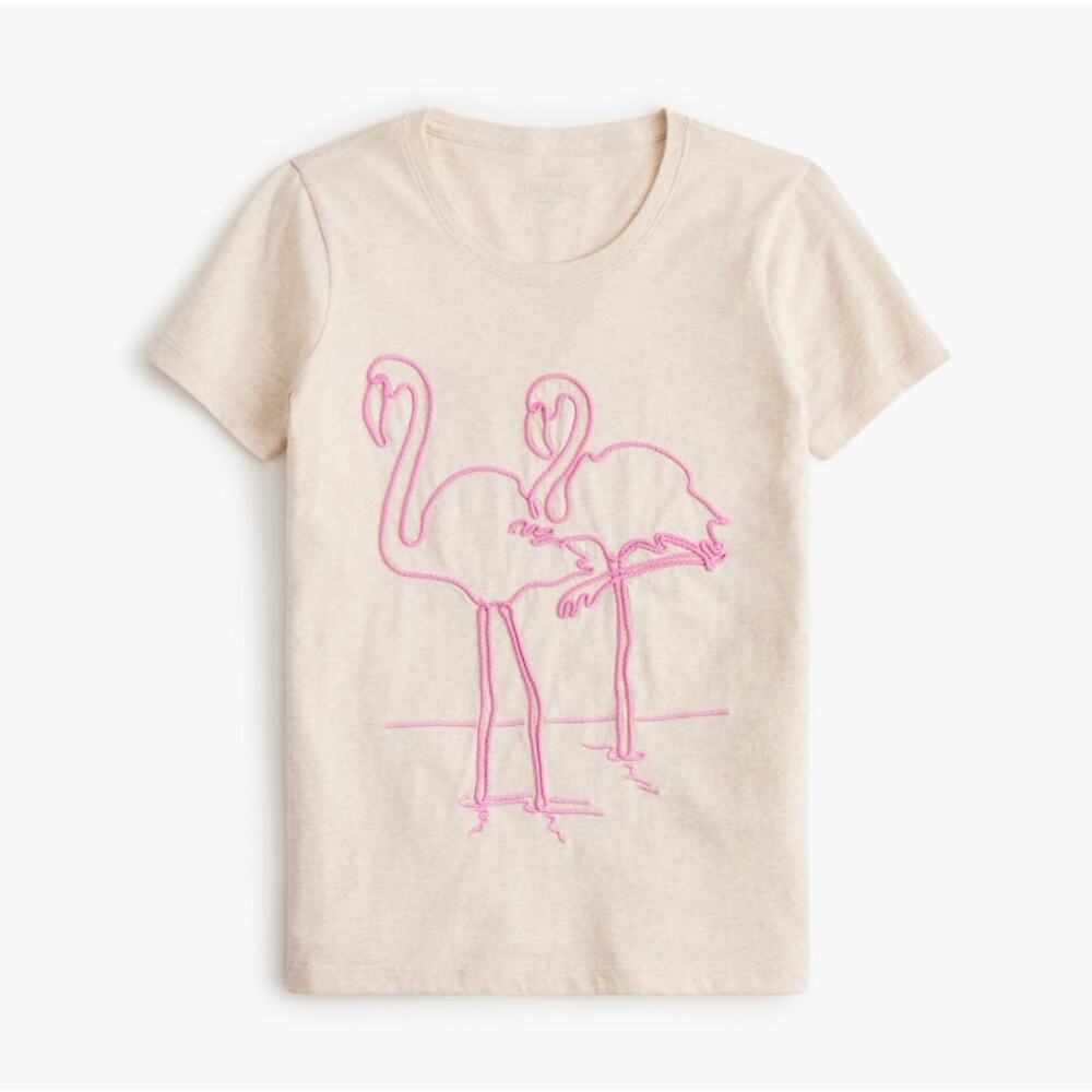 NWT J. CREW Tan Pink Embroidered Flamingo Graphic Collector Tee T-Shirt XS